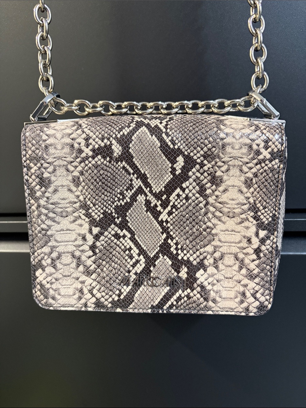 Marc Cain Snake-Print Chain Crossbody in Gray